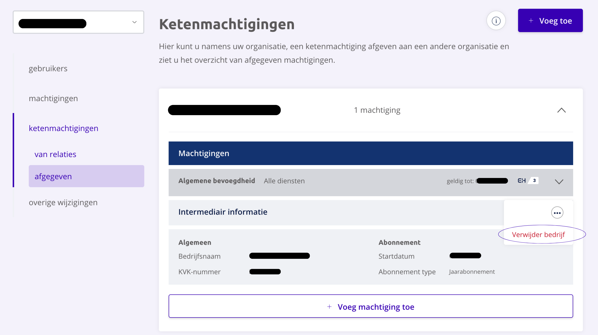 Afgegeven ketenmachtiging intrekken in de Beheermodule.